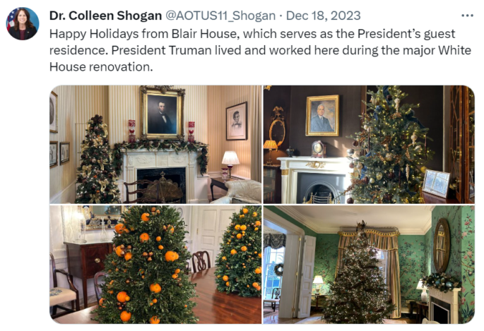 A screenshot of an X post from Dr. Colleen Shogan that says, "Happy Holidays from Blair House, which serves as the President's guest residence. President Truman lived and worked here during the major White House renovation." Below are four images of rooms in Blair House with Christmas trees and other seasonal decorations.