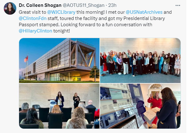 On March 14, 2024, Dr. Shogan visited the William J. Clinton Presidential Library. During her visit, she toured the facility and took a picture with staff. The same day, Dr. Shogan posted a photograph from the National Archives Catalog in honor of Women's History Month.