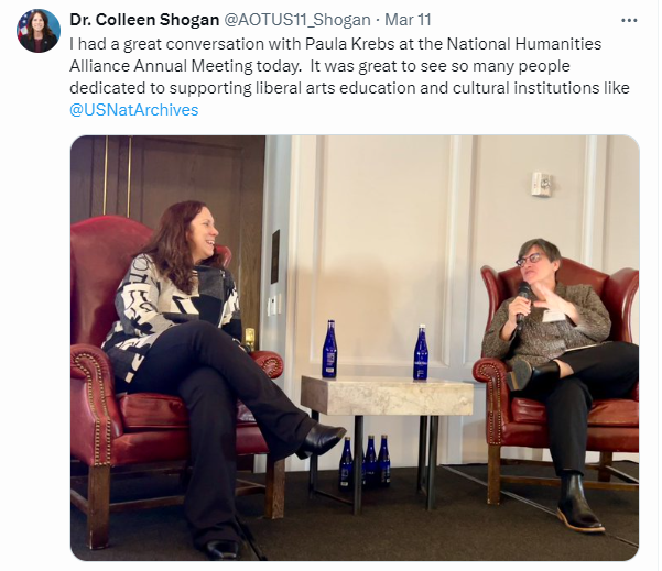 On March 11, 2024, Archivist of the United States Dr. Colleen Shogan had a conversation with Executive Director of the Modern Language Association Paula Krebs at the National Humanities Alliance Annual Meeting. She also posted about the #MoreThanFirstLadies social media campaign across her social media channels.