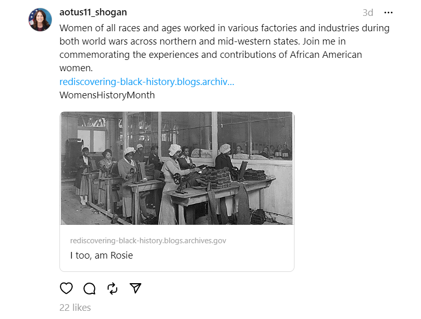 The same day, Dr. Shogan posted a photo and blog article link showing women of all races and ages worked in various factories and industries during both world wars across northern and mid-western states in honor of Women's History Month.