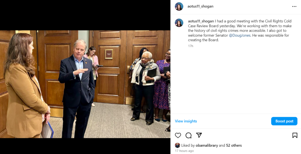 On April 25, 2024, Dr. Shogan had a meeting with the Civil Rights Cold Case Review Board to make the history of civil rights crimes more accessible. She also welcomed former Senator Doug Jones who was responsible for creating the Board.