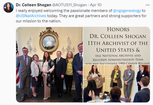 On April 10, 2024, Dr. Shogan spoke at the National Genealogical Society reception in the Archivist's Reception Room at the National Archives.