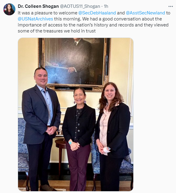 On April 5, 2024, Dr. Shogan welcomed Secretary of the Interior Deb Haaland and Assistant Secretary of the Interior for Indian Affairs Bryan Newland to the National Archives.