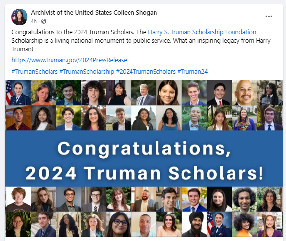 Also on April 12, Dr. Shogan congratulated the 2024 Truman Scholars across her social media channels.