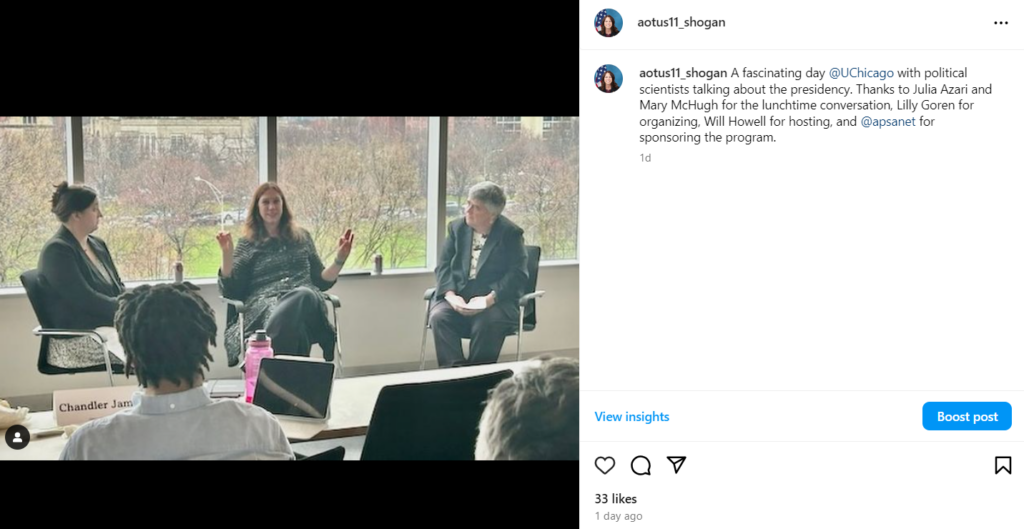 On April 3, 2024, Dr. Shogan had a conversation regarding the Presidency at the University of Chicago. Pictured are Professor of Political Science at Marquette University Julia Azari, Dr. Shogan, and Executive Director of Civic and Community Engagement at Merrimack College Mary McHugh.