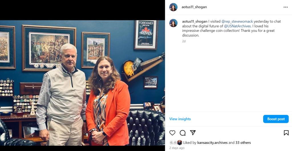 Also on April 9, 2024, Dr. Shogan met with Representative Steve Womack (R-AR) off site and chatted about the digital future of the National Archives.
