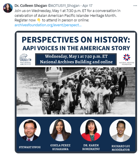 On April 17, 2024, Dr. Shogan continued her Texas visit with a trip to the National Archives at Fort Worth and the Fort Worth Federal Records Center. On social media, Dr. Shogan also posted a reminder to check out the May 1 "AAPI Voices in the American Story," event.