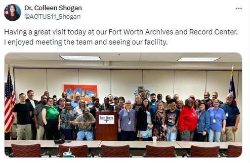 On April 17, 2024, Dr. Shogan continued her Texas visit with a trip to the National Archives at Fort Worth and the Fort Worth Federal Records Center. On social media, Dr. Shogan also posted a reminder to check out the May 1 "AAPI Voices in the American Story," event.