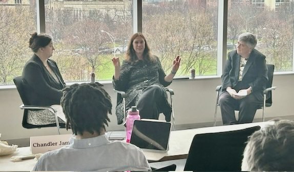 On April 3, 2024, Dr. Shogan had a conversation regarding the Presidency at the University of Chicago. Pictured are Professor of Political Science at Marquette University Julia Azari, Dr. Shogan, and Executive Director of Civic and Community Engagement at Merrimack College Mary McHugh.