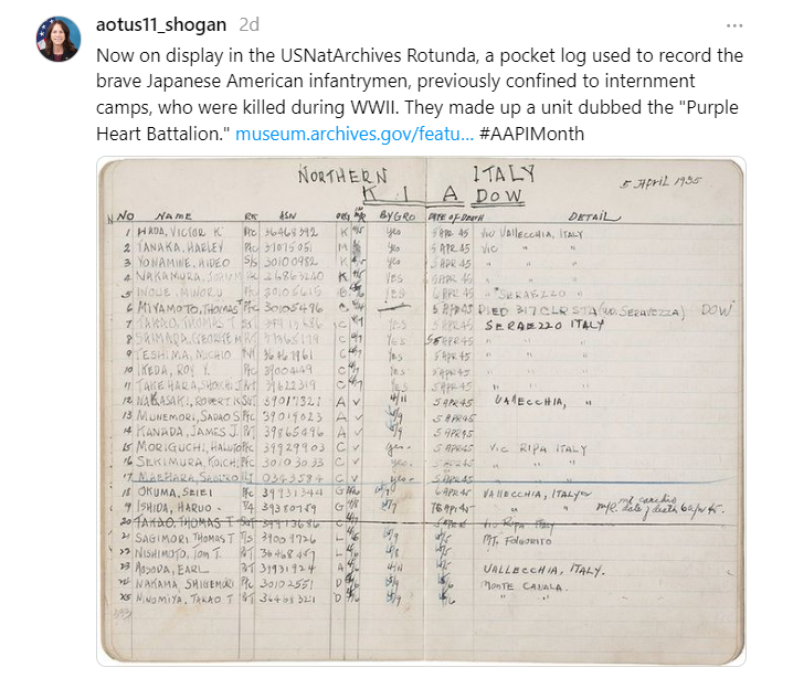On May 1st, In honor of #AAPIMonth, Dr. Shogan shared a pocket log used to record brave Japanese American infantrymen, previously confined to internment camps, who were killed during WWII.