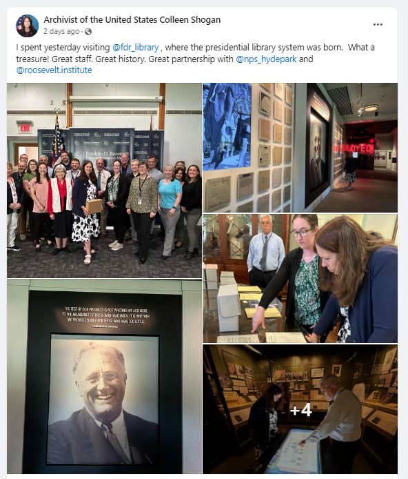 On Tuesday, May 21, 2024, Archivist of the United States Dr. Colleen Shogan visited the Franklin D. Roosevelt Presidential Library and met with staff.