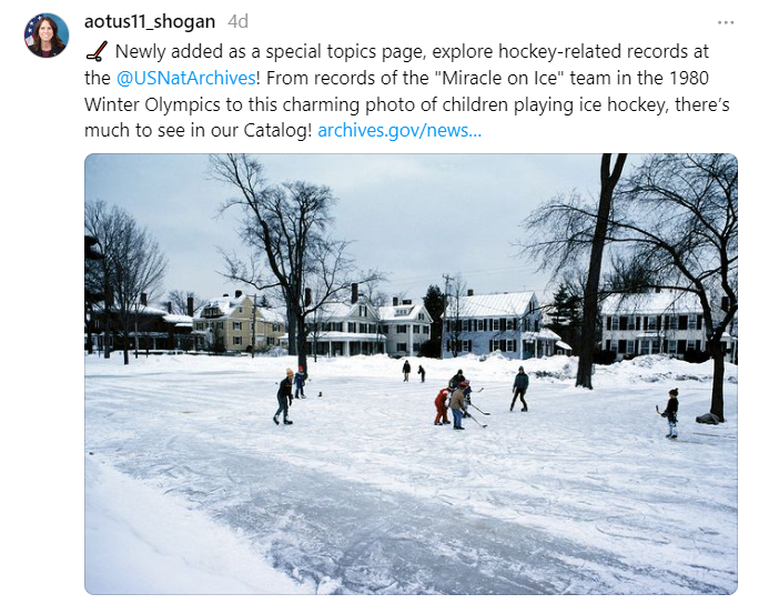On May 13, Dr. Shogan invited people to come explore hockey-related records at the National Archives. From records of the "Miracle on Ice" team in the 1980 Winter Olympics to this charming photo of children playing ice hockey, there’s much to see in our Catalog! https://archives.gov/news/topics/hockey