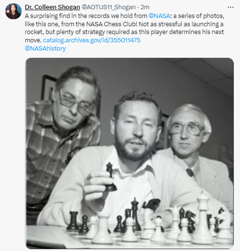 On May 3, Dr. Shogan posted a NASA photo from our holdings showcasing the NASA Chess Club in honor of our May, 2024 Archives Hashtag Party, #ArchivesGames!