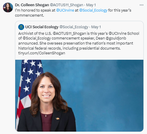 On May 1, 2024, Dr. Shogan posted that she was honored to speak at UC Irvine School of Social Ecology commencement. 