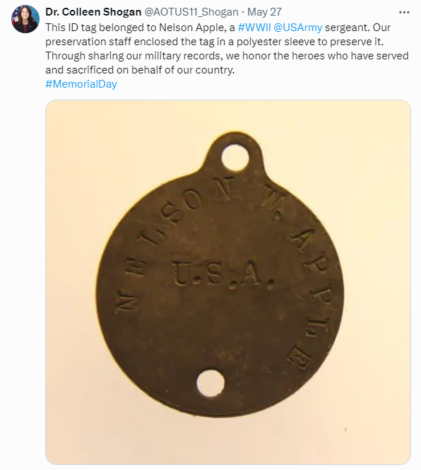 On May 27, 2024, in honor of #Memorial Day and #PreservationMonth, Dr. Shogan shared this photograph of an ID tag that belonged to Nelson Apple, a #WWII U.S. Army sergeant. Our preservation staff enclosed the tag in a polyester sleeve to preserve it. Through sharing our military records, we honor the heroes who have served and sacrificed on behalf of our country.