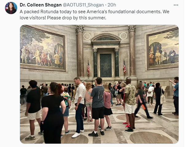 Later that day, Dr. Shogan shared a photograph of a packed National Archives Rotunda with people there to see America's foundational documents.