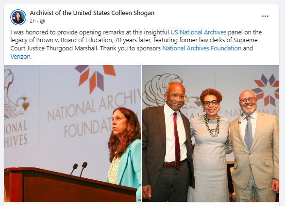 Dr. Shogan posted she was honored to provide the opening remarks at the insightful National Archives panel on the legacy of the Brown v. Board of Education, 70 years later, featuring former law clerks of Supreme Court Justice Thurgood Marshall.