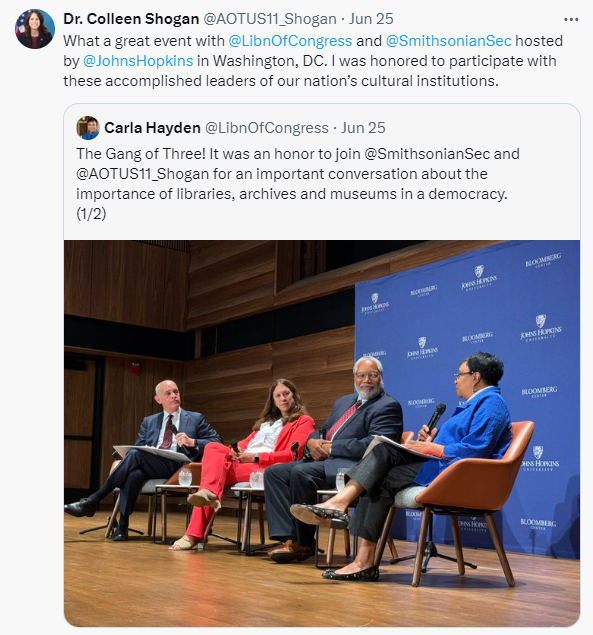 On June 25, 2024, Dr. Shogan posted about the recent Johns Hopkins D.C. event entitled "Democracy and Our Shared Heritage," in concert with the Library of Congress and the Smithsonian.