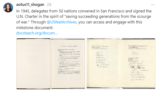 On June 26, 2024, Dr. Shogan posted about the anniversary of the United Nations Charter. You can access and engage with the document on our DocsTeach resources website here: https://www.docsteach.org/documents/document/charter-united-nations. DocsTeach offers thousands of primary documents and educational resources for free.