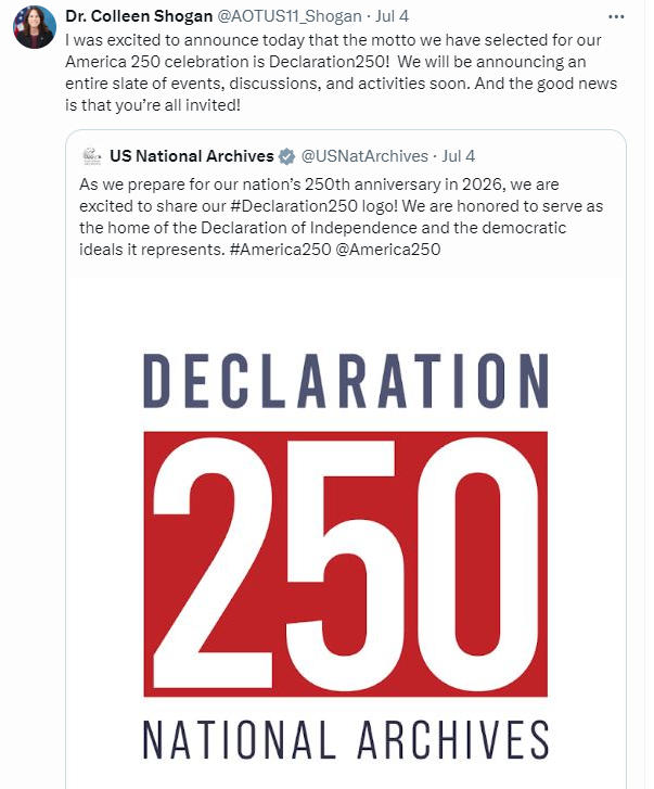 Later that day, Dr. Shogan shared the Declaration 250 logo. It will be used to celebrate the nation's 250th anniversary in 2026. You can read the full press release here.