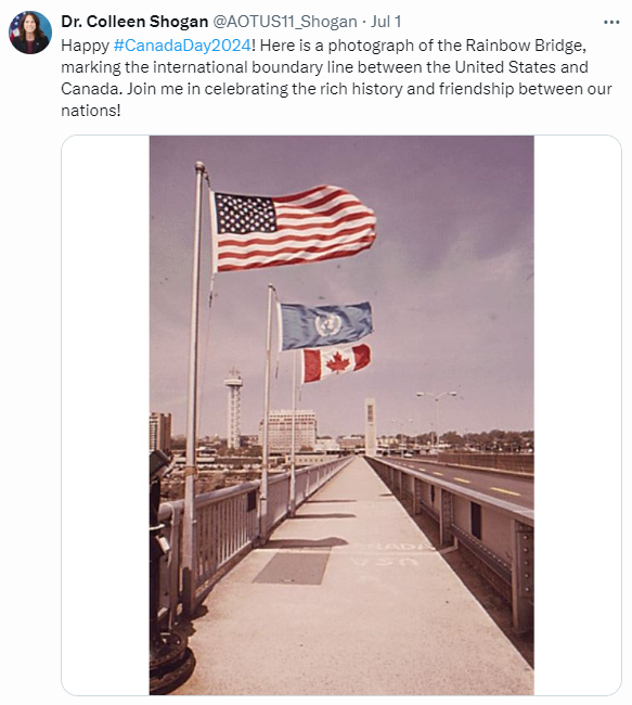 Also on July 1, 2024, Dr. Shogan shared this photograph of the Rainbow Bridge in honor of Canada Day.