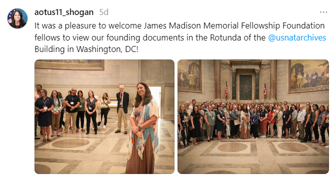 On July 2, 2024, Dr. Shogan met with the James Madison Fellows in the National Archives Rotunda.