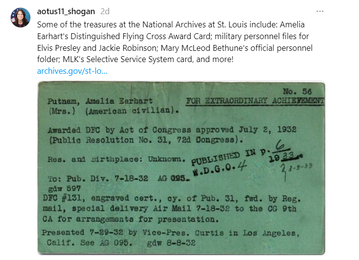 On July 26, 2024 Dr. Shogan promoted the latest addition to NARA's Highlight to Our Holdings page from the National Archives at St. Louis. The National Archives at St. Louis holds military and civilian federal employee personnel-related records. Some of our most frequently-requested military records include Official Military Personnel Files (OMPF), Individual Deceased Personnel Files (IDPF), Veterans Affairs (VA) Deceased Personnel Claim Files (XC Files), and Selective Service Records. Learn more here.