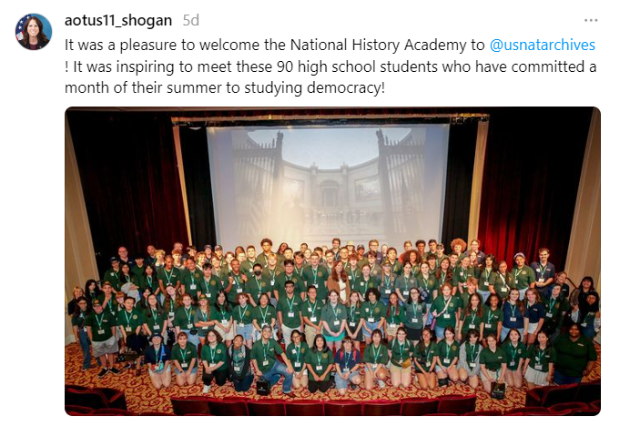 On July 1, 2024, Archivist of the United States Dr. Colleen Shogan met with a group of 90 high school students from the National History Academy in the William G McGowan Theater.