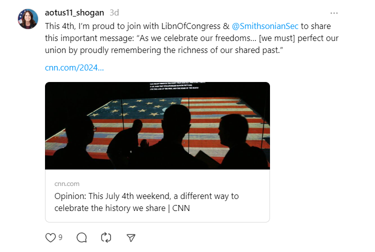 On July 4, 2024, Dr. Shogan shared a link on X to the CNN article she co-authored with Secretary of the Smithsonian Lonnie G. Bunch III and Librarian of Congress Carla Hayden titled, "This July 4th, a Different Way to Celebrate the History We Share."