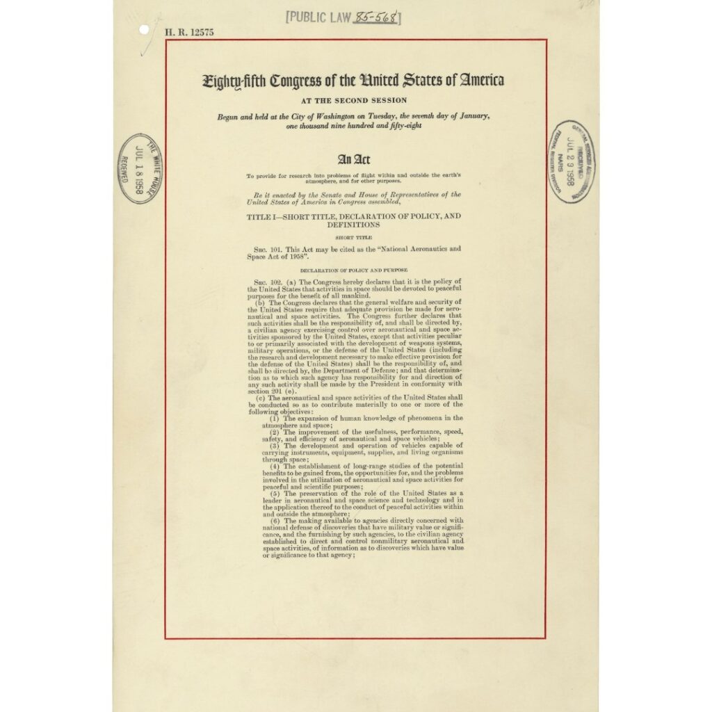 On July 29, 2024, Archivist of the United States Dr. Colleen Shogan marked the anniversary of the signing of the National Aeronautics and Space Act, which established the National Aeronautics and Space Administration (NASA) on July 29, 1958. "This landmark document made it possible for the United States to pioneer space exploration!" she said on her X account. Image courtesy @AOTUS11_Shogan on X. 