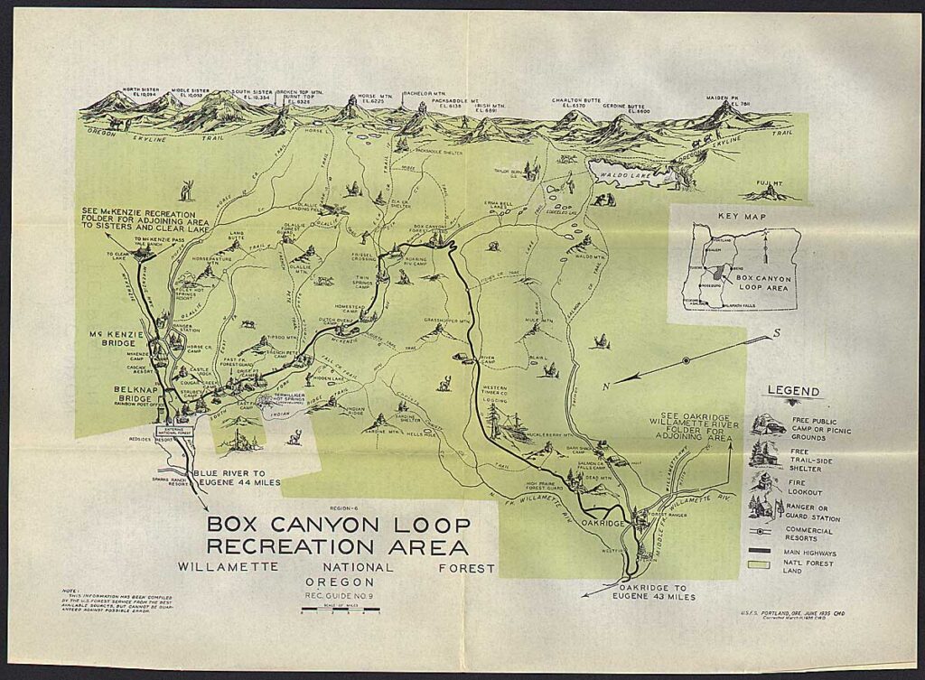 Wonderful artistry can be found in our series of historic maps handed out to tourists and others who visited national forests. Explore records of the @forestservice through history, like this 1936 guide from Box Canyon Loop in @willametteNF: https://catalog.archives.gov/search-within/299228