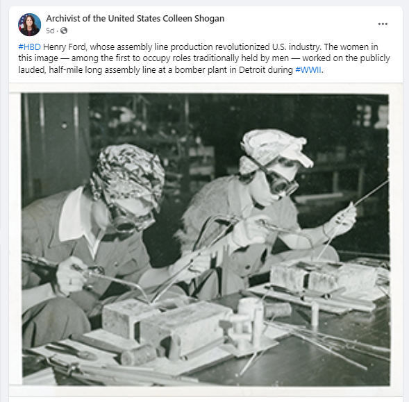 On July 30, Dr. Shogan posted this photograph of a World War II U.S. assembly plant with female workers working on the publicly lauded, half-mile long assembly line at a bomber plant in Detroit, Michigan. You can find more such images in our Catalog.