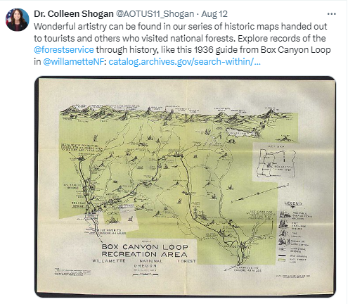 Wonderful artistry can be found in our series of historic maps handed out to tourists and others who visited national forests. Explore records of the @forestservice through history, like this 1936 guide from Box Canyon Loop in @willametteNF: https://catalog.archives.gov/search-within/299228