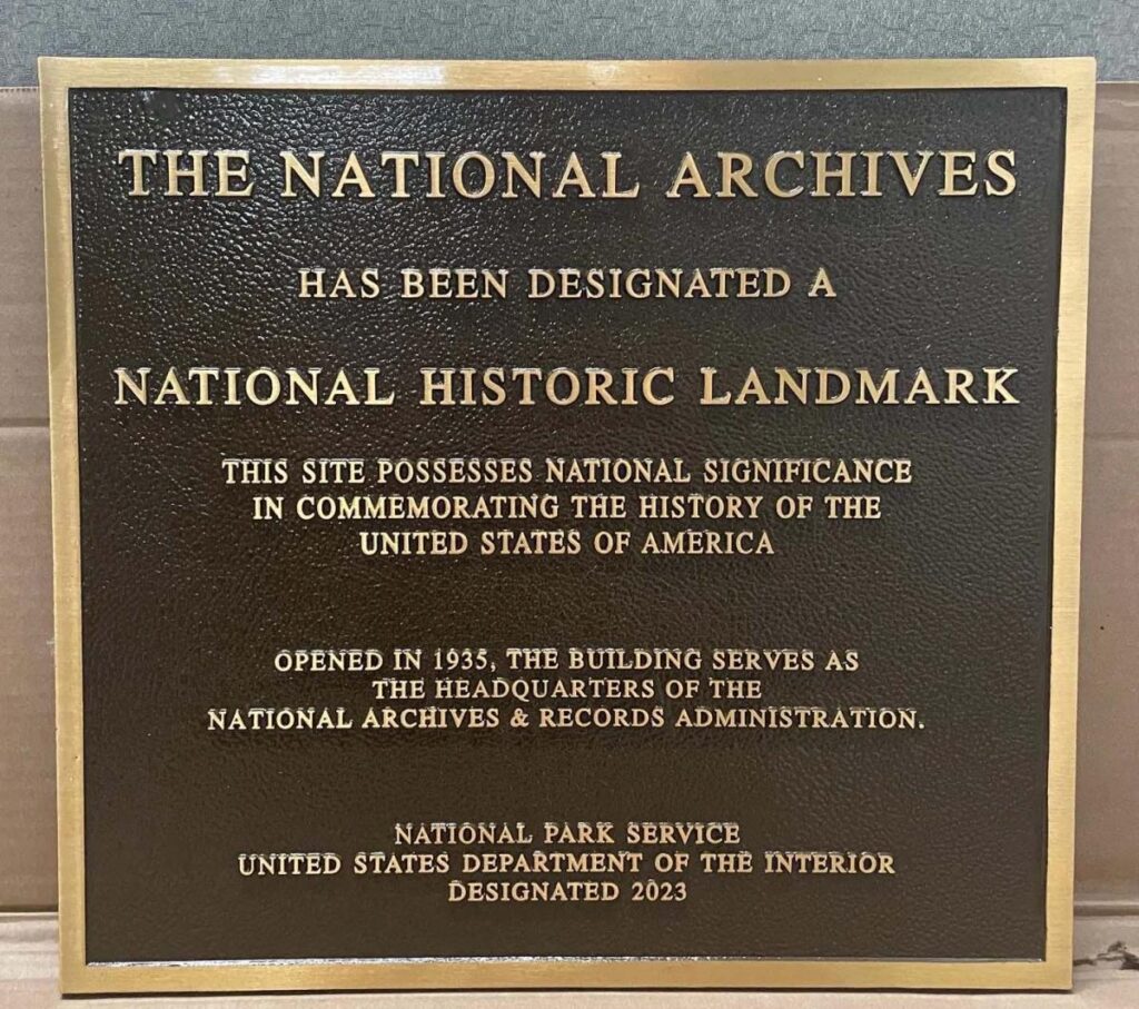 National Archives Building’s National Historic Landmark plaque close up. National Archives photo by Jessie Kratz.