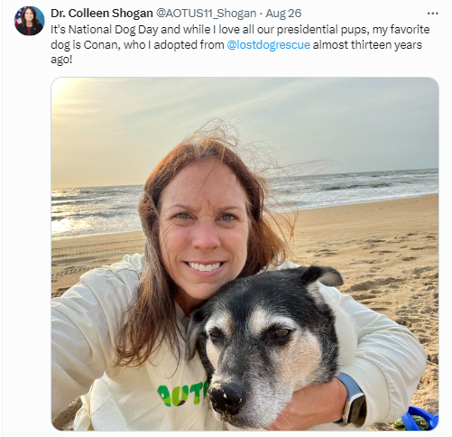 On August 26, 2024, Dr. Shogan posted a photo of the National Archives building featuring our guardian dogs in honor of National Dog Day! She also posted a personal photograph of her pet dog Conan.