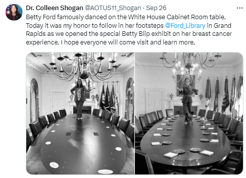 Later, Dr. Shogan recreated a well-known photo of the former First Lady. "Betty Ford famously danced on the White House Cabinet Room table," Dr. Shogan wrote on X. "Today it was my honor to follow in her footsteps [at the Ford Museum] in Grand Rapids as we opened the special Betty Blip exhibit on her breast cancer experience. I hope everyone will come visit and learn more." Left: First Lady Betty Ford Dancing on the Cabinet Room Table. National Archives Identifier 45644161.