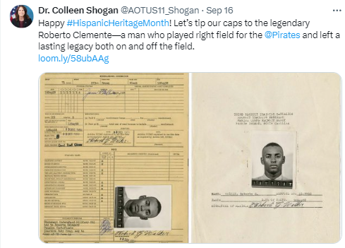 Also on the 16th, in celebration of Hispanic Heritage Month, Dr. Shogan shared the Official Military Personnel File of Roberto C. Walker, commonly known as Roberto Clemente. National Archives Identifier: 40920552.