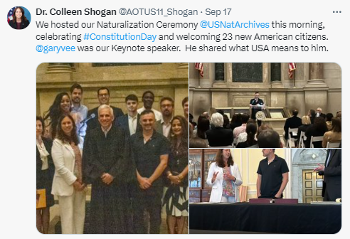 On Constitution Day, September 17, Dr. Shogan spoke at Naturalization Ceremony hosted by the National Archives. Pictured are the 24 new American citizens, together with Dr. Colleen J. Shogan, Judge Randolph D. Moss, and Gary Vaynerchuk in the National Archives Building Rotunda.