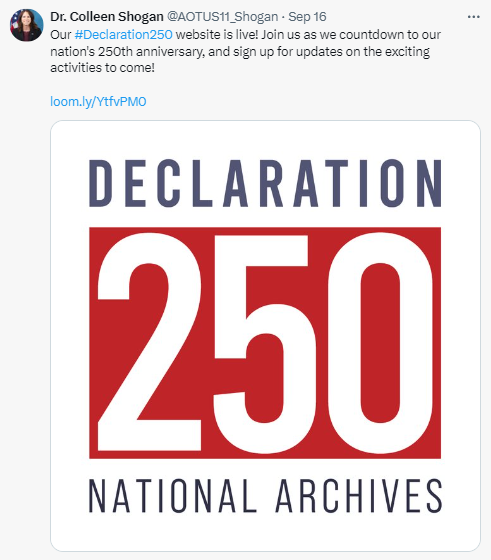 On September 16, 2024, Archivist of the United States Dr. Colleen Shogan invited her X followers to join the National Archives as we begin the countdown to the nation's 250th anniversary. Learn more by visiting the Declaration250 website.