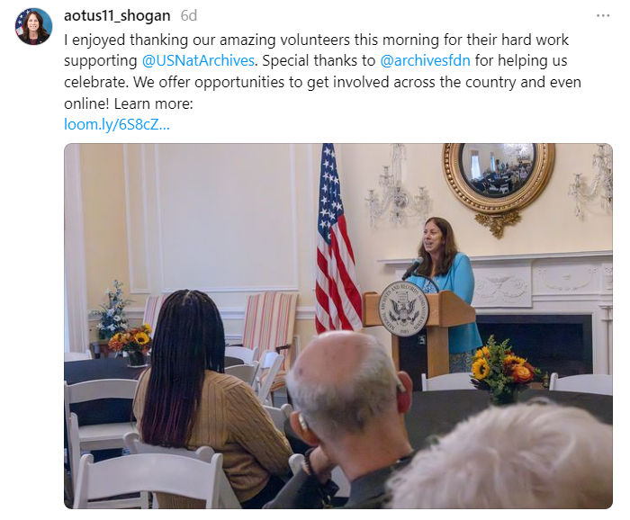 On September 23, 2024, Archivist of the United States Dr. Colleen J. Shogan posed for a photo with volunteers after giving remarks at the Volunteer Appreciation Event held in the Archivist's Reception Room at the National Archives in Washington, DC.