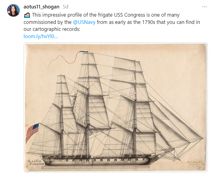 On October 9 2024, Dr. Shogan posted this impressive profile of the frigate USS Congress is one of many commissioned by the U.S. Navy from as early as the 1790s that you can find in our cartographic records: https://www.archives.gov/research/cartographic/ship-plans.