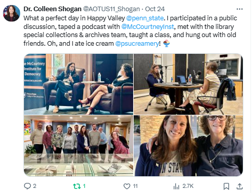 On October 24, 2024, Dr. Shogan shared photos on X of her visit to Penn State University where she participated in a public discussion, taped a podcast, met with the library special collections & archives team, taught a class, and more.