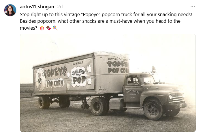 On October 25, 2024, Dr. Shogan shared this iconic photograph of the "Popeye" popcorn truck from our digital collection. What will you discover? Begin your research journey at the National Archives today: https://www.archives.gov/research.