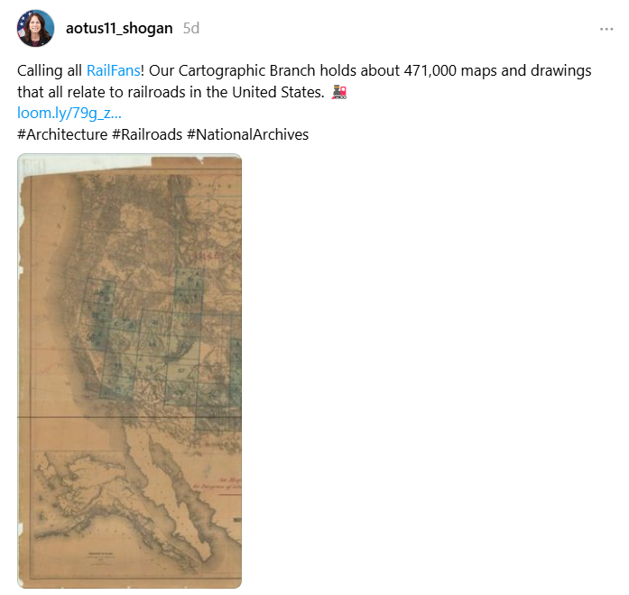 Also on November 12, Dr. Shogan posted an invite to come check out the National Archives Cartographic Branch, which holds about 471,000 maps and drawings that all relate to railroads in the United States. You can learn more about this collection on the National Archives website.