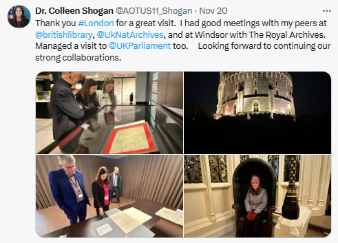 During that same visit, Dr. Shogan also met with Chief Executive of the National Archives [of the United Kingdom] and Keeper of Public Records and Historical Manuscripts Commissioner Saul Nassé.