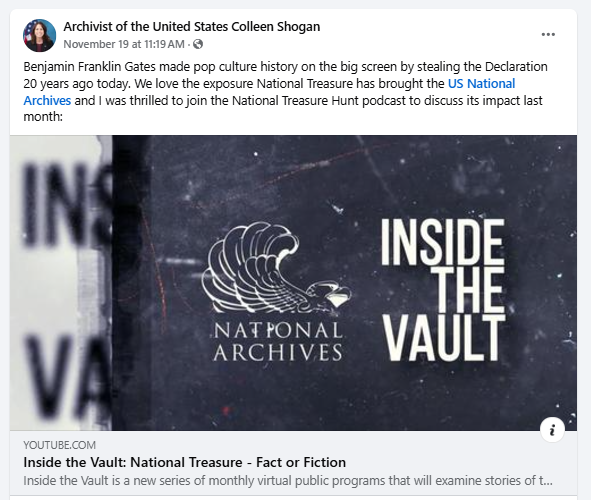 On November 19, Dr. Shogan shared a link to the latest episode of the Inside the Vault series. You can watch it on the official National Archives YouTube page: https://www.youtube.com/watch?v=OOLmfOxd1Og.