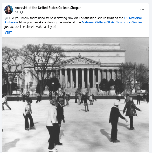 Photograph of the Constitution Avenue side of the National Archives Building with a skating rink in the foreground, March 1975. NAID: 35810682