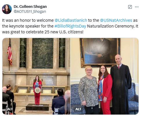 Archivist of the United States Dr. Colleen Shogan delivers remarks at the Bill of Rights Naturalization Day Ceremony in the Rotunda of the National Archives building in Washington, DC. December 13, 2024.